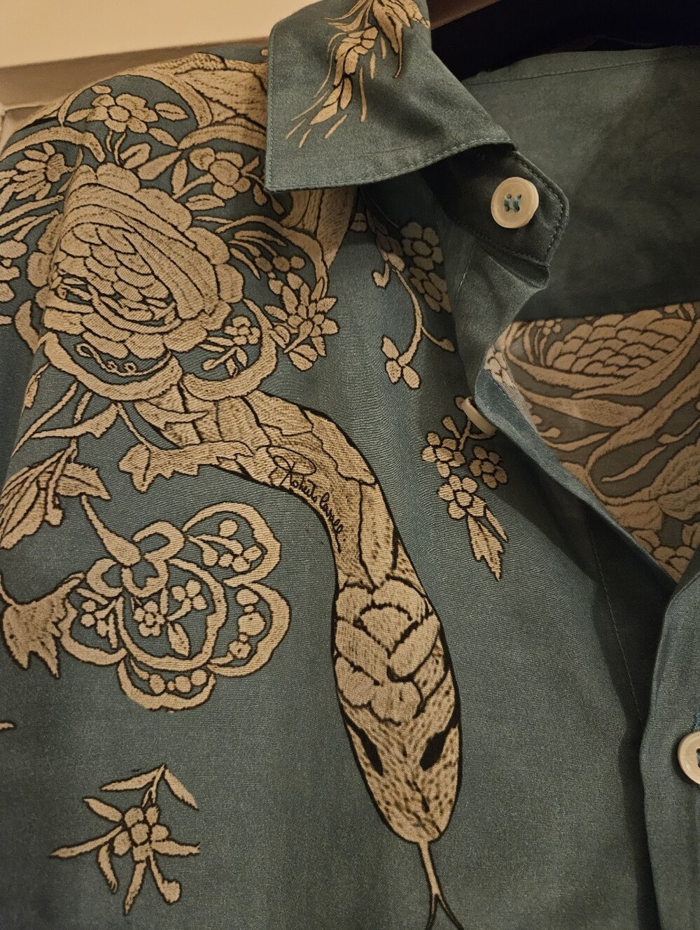Robert Cavalli Men's Shirt Teal Floral & Snake Print Button-Up Shirt XL